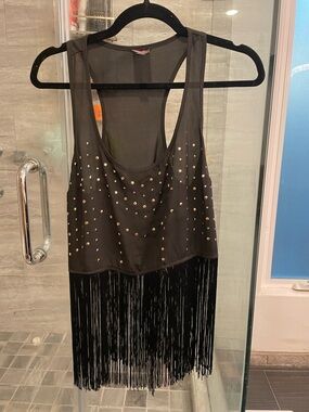 2B Bebe Black Tank Top with Gold Studs and Fringe